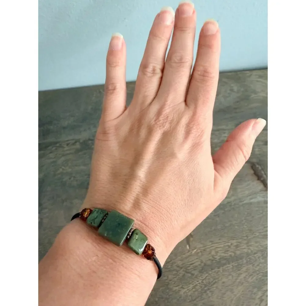 Green Stone & Amber Tone Bead Open Wrap Bracelet – Boho Statement Jewelry